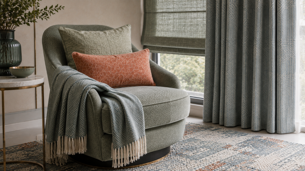 Living room styled with curtains rug cushions and throws