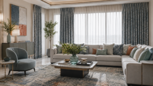 Luxury living room with elegant curtains, textured rug, cushions, and coordinated furnishings creating a cohesive interior.