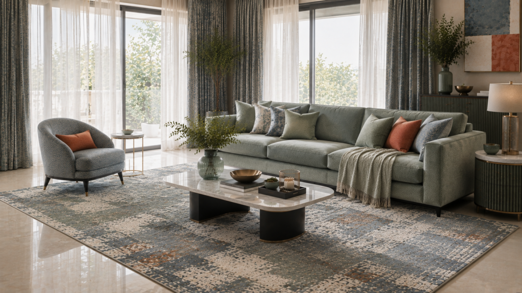 Modern rug for living room with sofa and cushions