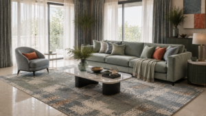 Elegant living room rug styled with contemporary furniture