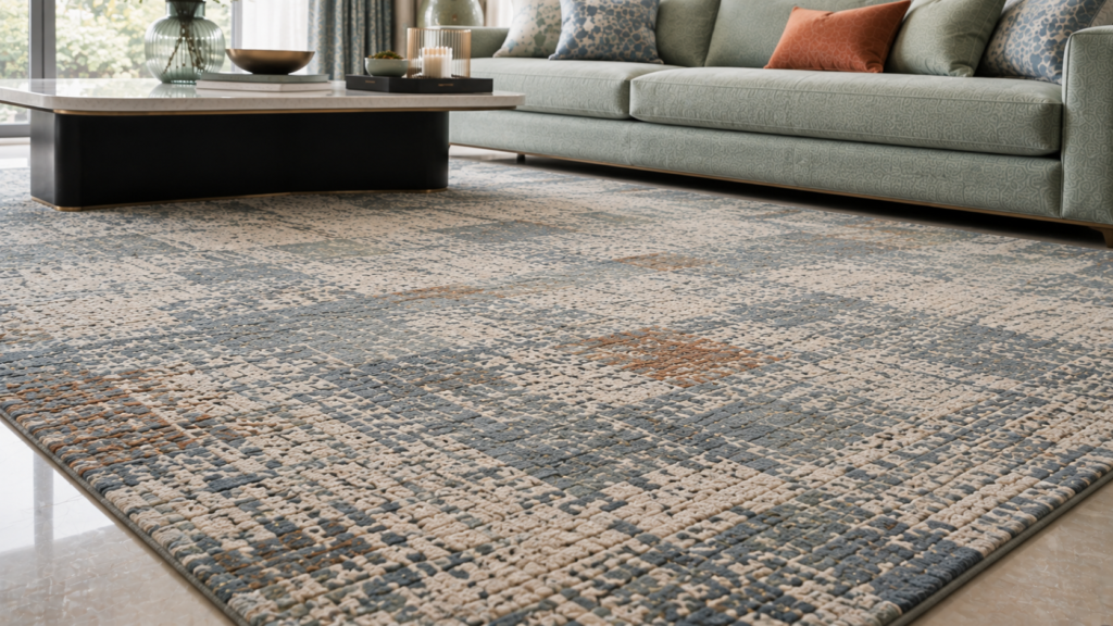 Textured living room rug with coordinated furnishings