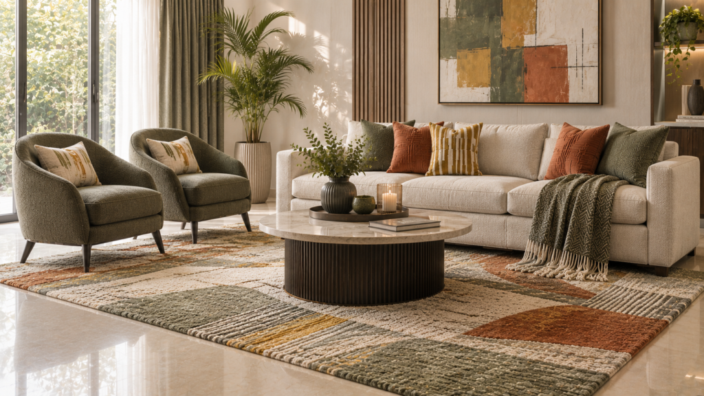 Large area rug in a contemporary living room