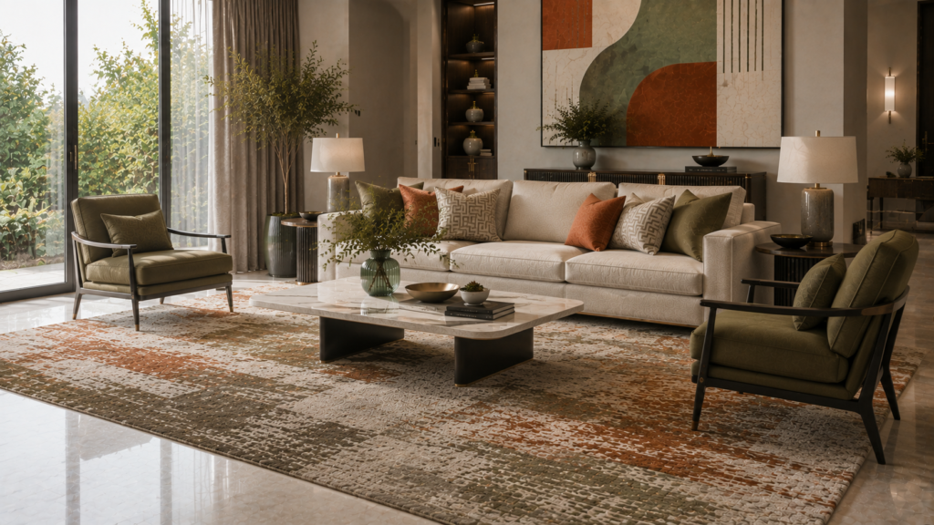 Wool vs viscose rugs in a luxury living room