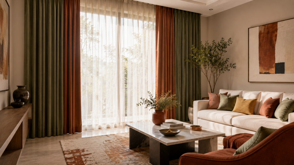 Floor-length curtains styled with modern living room furnishings