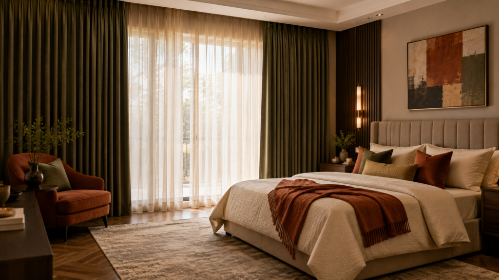 Luxury bedroom curtains with layered soft furnishings